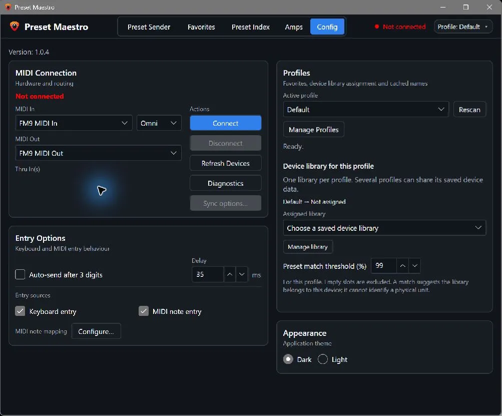 Preset Maestro's configuration screen with FM9 MIDI input and output selected, plus profile and appearance settings.